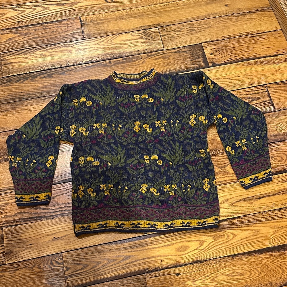 Jessica Floral Patterned Sweater w/Pads - Navy, Green, Maroon & Yellow- Size 38